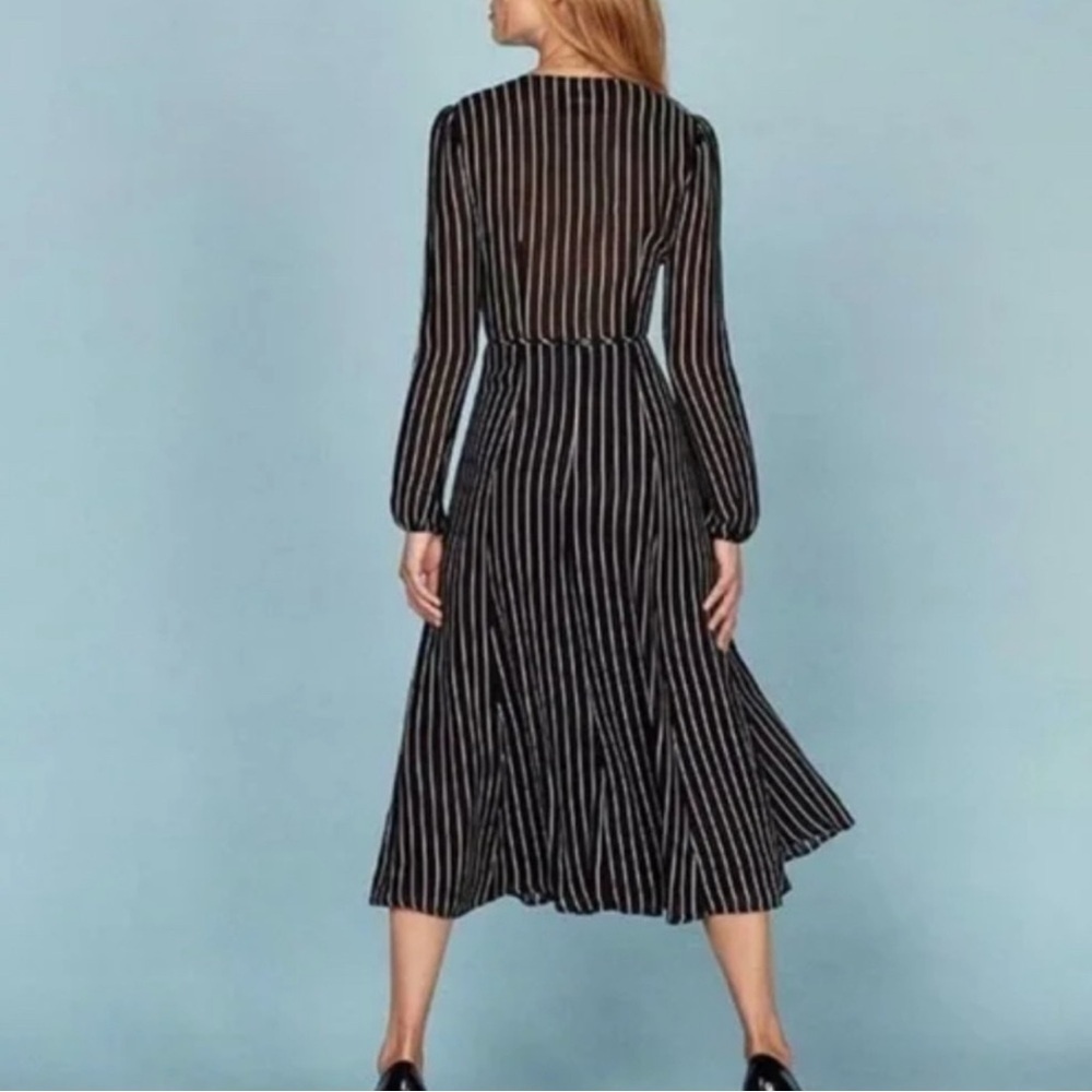 Reformation Ashley dress black & white striped long sleeve wrap sheer midi dress - Picture 5 of 11